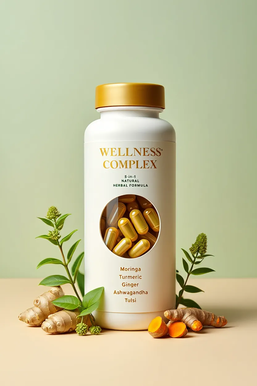 5-in-1 Wellness Complex supplement bottle with natural herbal ingredients